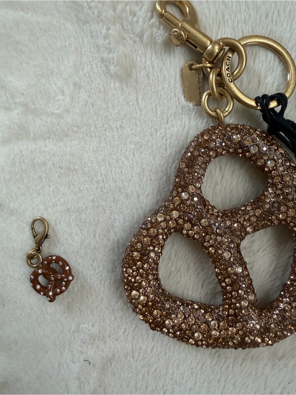 Coach Gold-Tone Brown Crystal Pretzel Keychain Charm